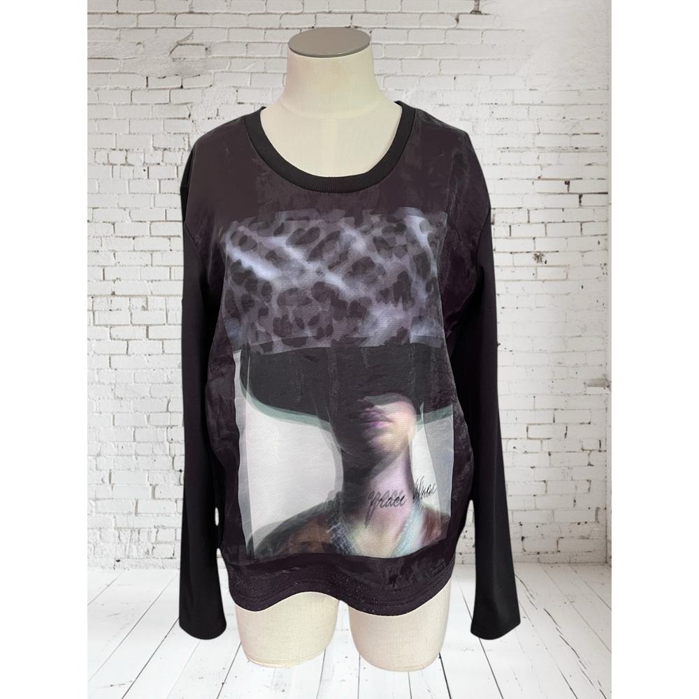Alberto Makali Layered Mesh Graphic Stretchy Goth Top Size Medium